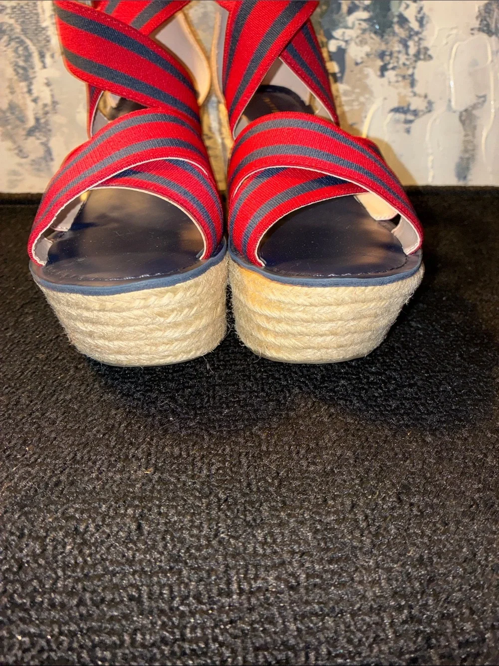 NWT Tommy Hilfiger Red & Navy Striped Espadrille Wedge Sandals Size 7.5